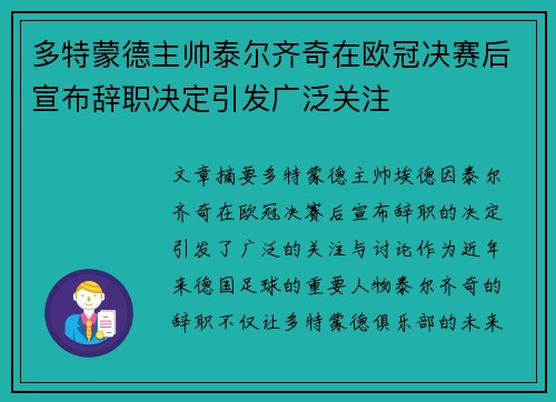 多特蒙德主帅泰尔齐奇在欧冠决赛后宣布辞职决定引发广泛关注
